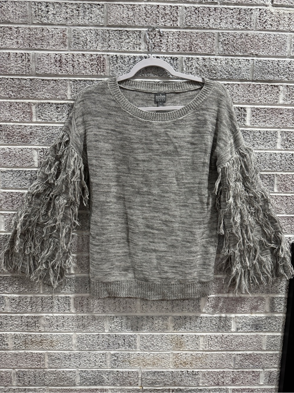 New York & Company Gray Fringe Sleeve Crewneck Sweater